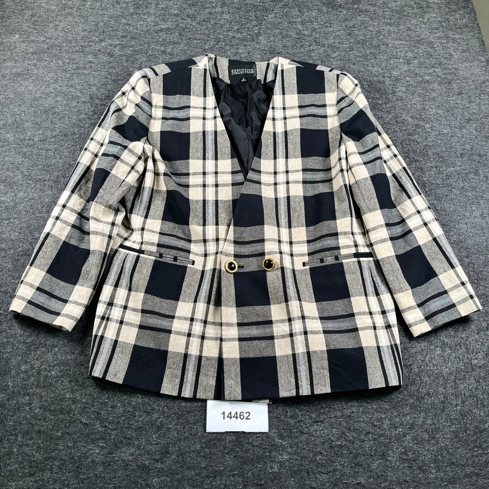 Executive Collection Blazer Jacket Womens 18 Black Cream Plaid Double Breasted